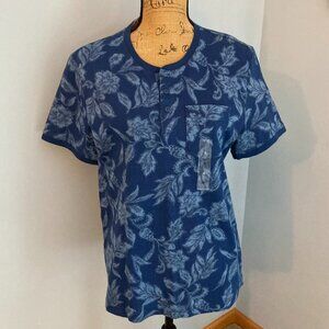 NWT Sun & Stone Navy Blue Leaf Print Henley Shirt Men Size S ~ Unisex